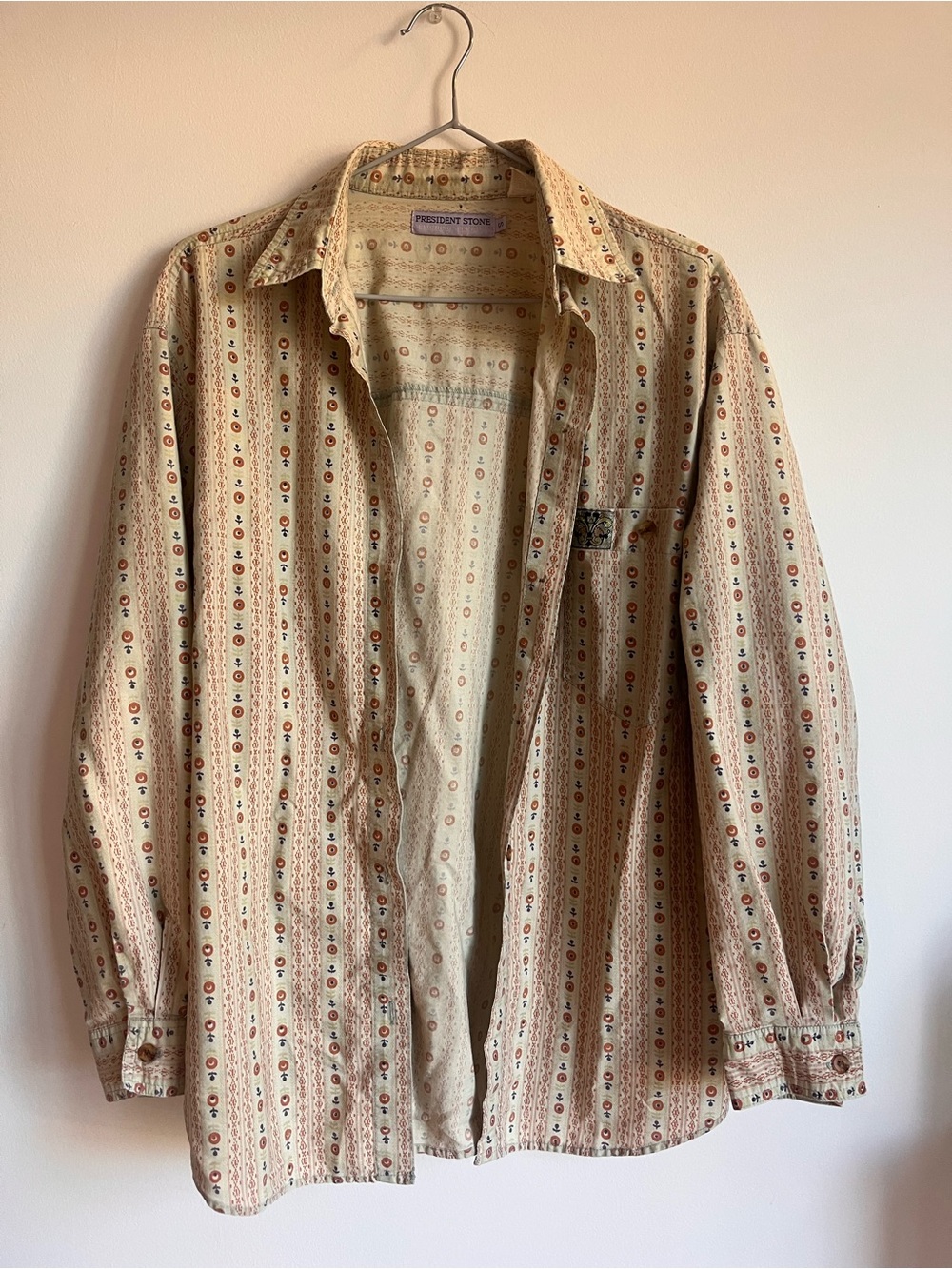 Vintage President Stone Tribal Geometric Striped Button Down Shirt